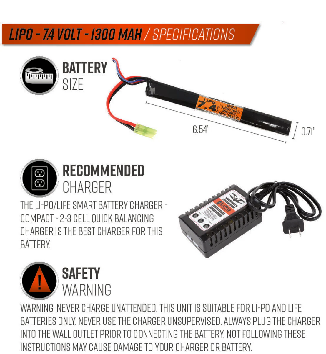 Valken Lipo 7.4V 1300Mah 50C Stick Airsoft Battery (Small Tamiya) - Image 3